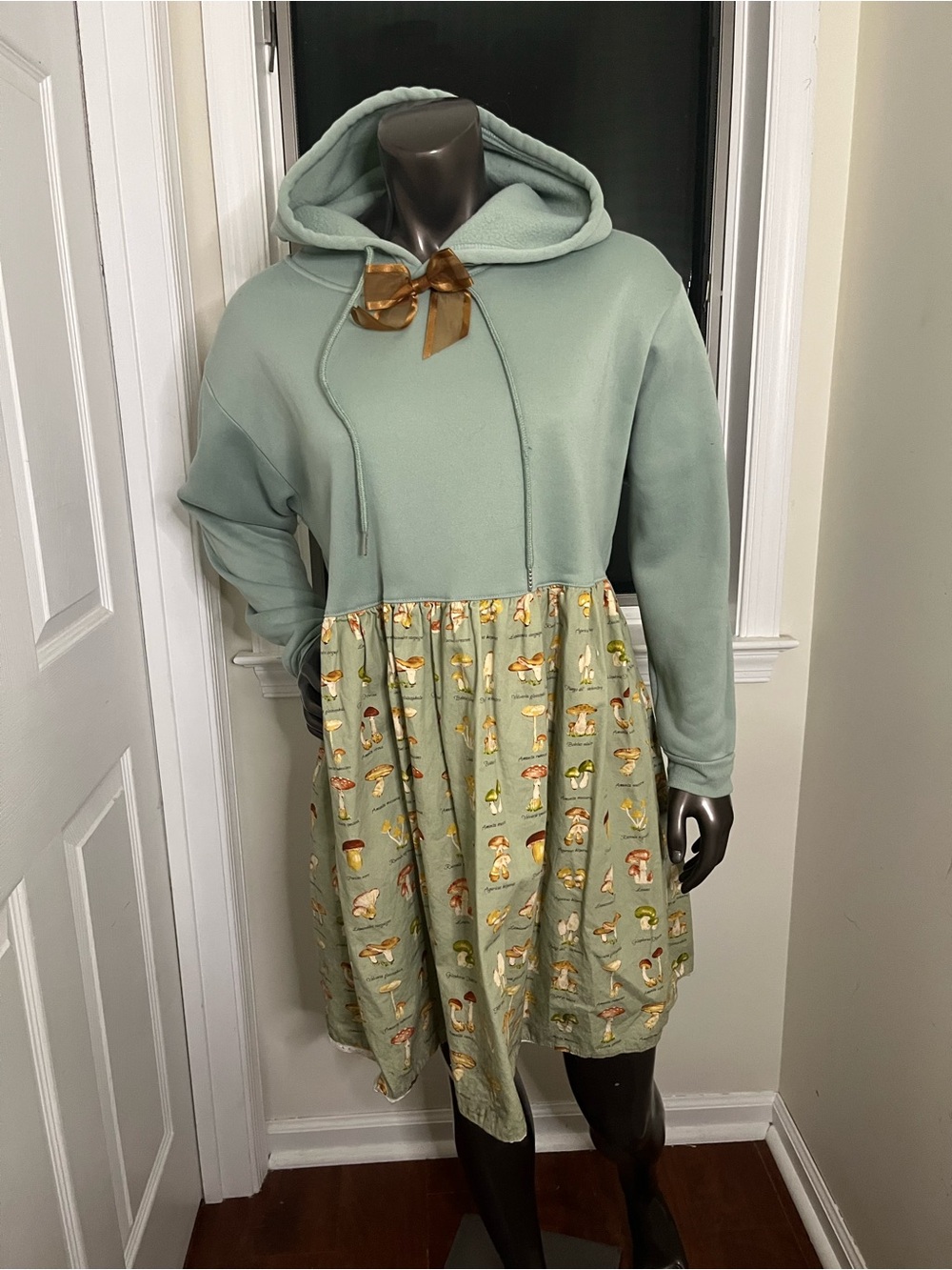 Sage Green Hooded Dress with Mushroom Print